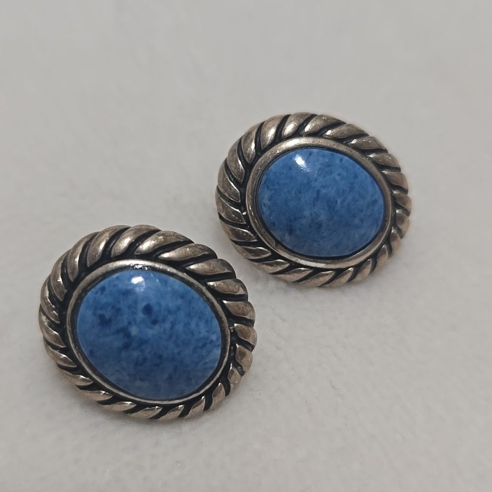 Mexico Sterling Silver and Denim Lapis Stone Earrings